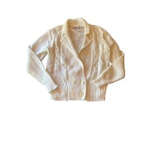 Vintage 80s Cream Knit Cardigan Sweater L Fisherman Nautical Preppy Cable Knit